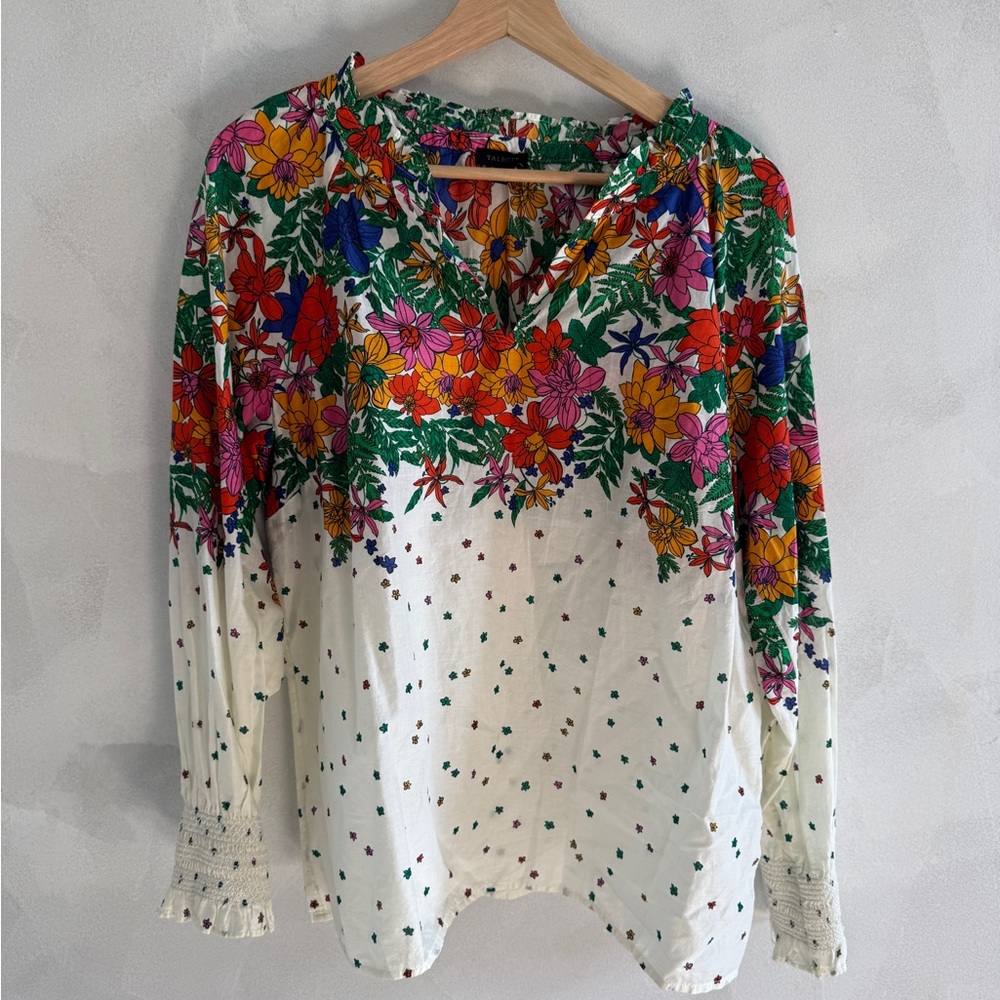 Talbots White Floral V-Neck Long Sleeve Blouse
